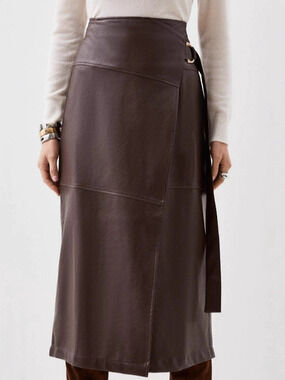 Zara Asymmetric Slit Leather Long Skirt with Adjustable Belt